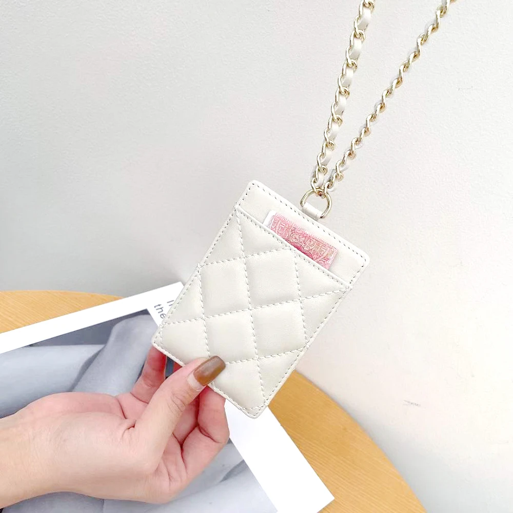 Sheepskin Female Access Card Holder Luxury Genuine Leather Chain Neck Women  Card Sleeve Bag Quilted Lady Crossbody Badge Holder