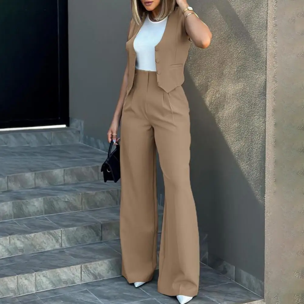 

Fashion Women Vintage Sleeveless Waistcoat Female Casual Chic Tops Pocket Baggy Pants Trousers Neck Vest Button-up Wide Leg Pant