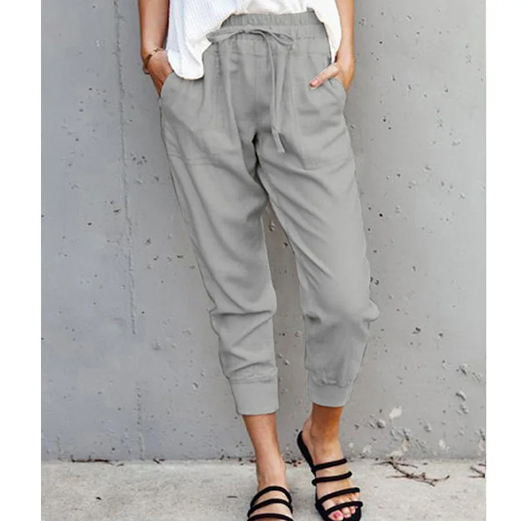 Summer New Solid Color Simple Lace-up Casual Pants High-waisted Slimming Nine Points Small Foot Pants