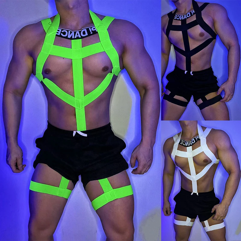 

Fluorescent Green Male Sexy Chest Strap Pole Dance Stage Costume Muscle Men Nightclub Gogo Dancing Clothes Rave Outfit VDB5151