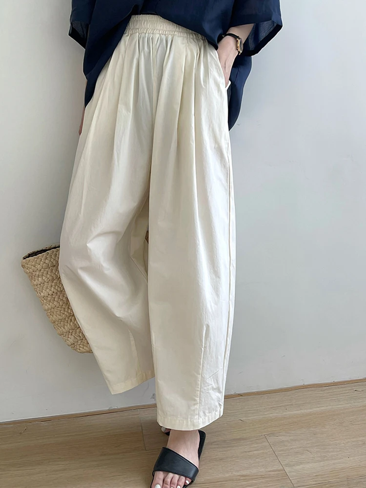 [LANMREM] Minimalism Elastic High Waist Wide Leg Pants For Women Straight Loose Casual Trousers Fashion 2024 Summer New 26D9371