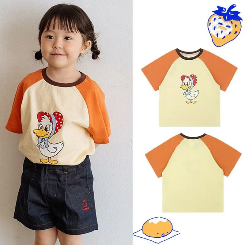 

Jenny&Dave Spot 2023 Summer New Children's Casual Top with Cartoon Duck Print Raglan Short Sleeve