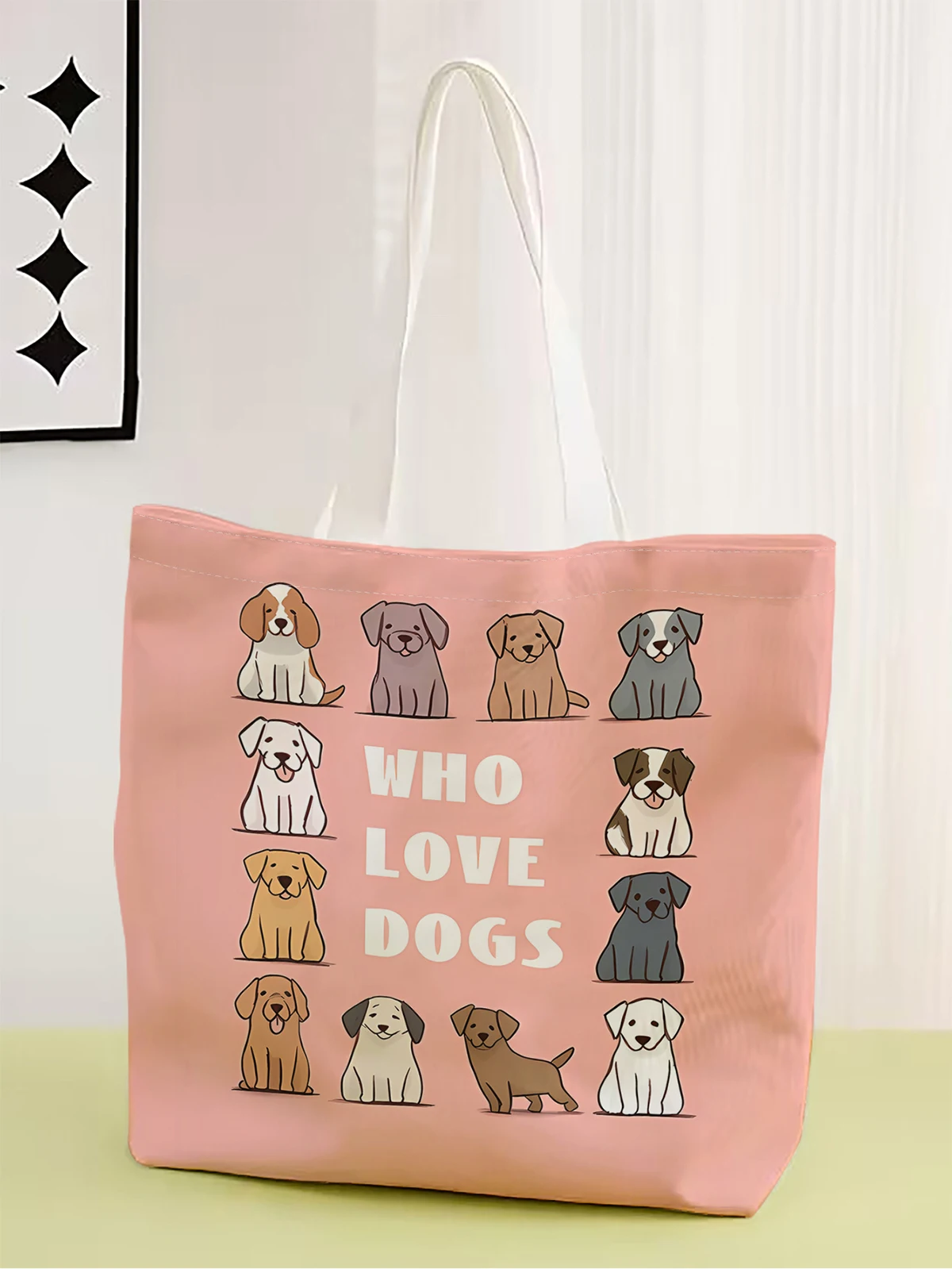 1pc, cartoon dog pattern handbag, reusable fashionable tote bag, multifunctional handbag, printed canvas shopping bag