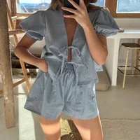 Maemukilabe Y2K Vintage Plaid Outfit Loose V Neck Puff Sleeve Front Tie-Up Blouse Top + Shorts Women 2 Piece Lounge Matching Set - Image 4