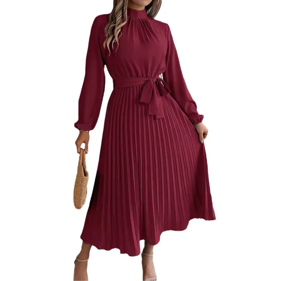 Women's Elegant Stand Collar Long Sleeve Pleated Long Dresses 2025 Spring Autumn Ladies Solid Lace-up Pleated Party Midi Dress 2