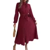 Women's Elegant Stand Collar Long Sleeve Pleated Long Dresses 2025 Spring Autumn Ladies Solid Lace-up Pleated Party Midi Dress 2