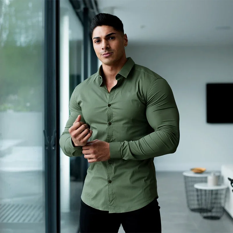 Men Fashion Casual Long Sleeve Solid Shirt Super Slim Fit