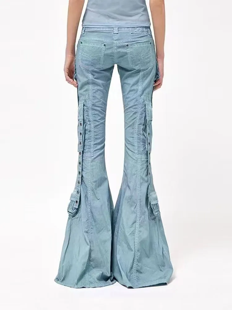 BPN Streetwear Patchwork Pockets Denim Pants For Women High Waist Solid Slimming Chic Flare Jeans Female Fashion Clothing Style