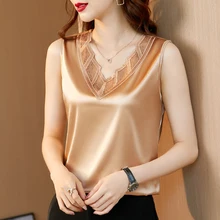 

Silk Sleeveless Vest Women Blouses Satin Solid Lace Sexy Blouse 2022 Fashion Office Lady Elegant Women Clothing Basic Women Tops