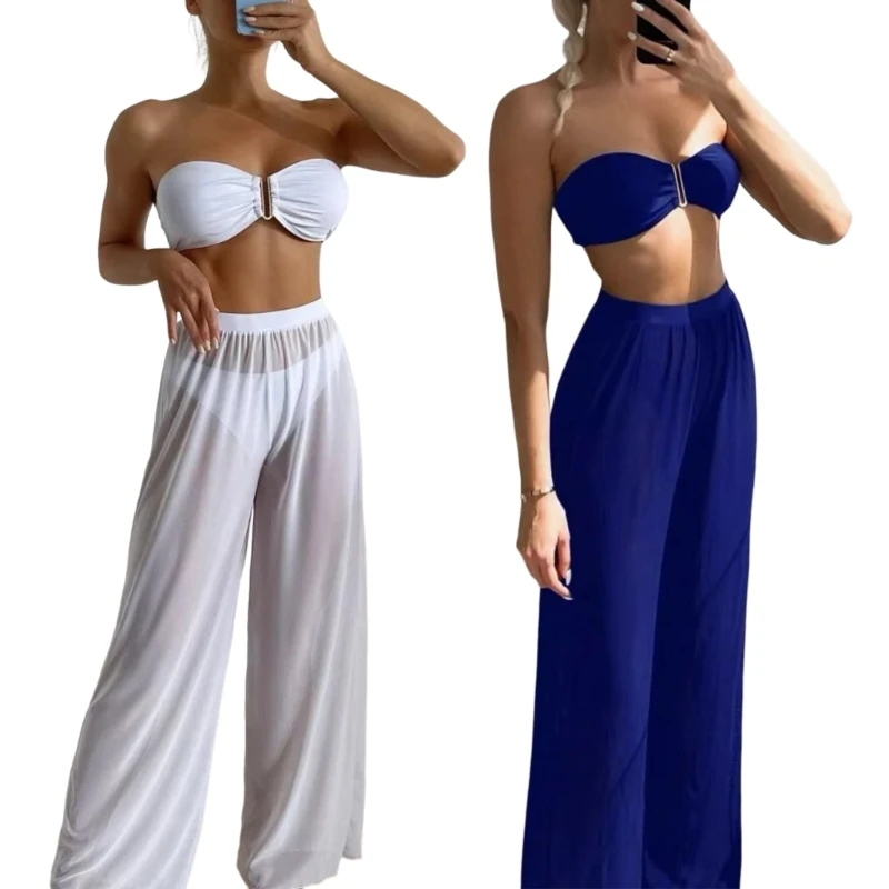 

2024 New Ladies Strapless Swimwear Female 3 Pcs Split Swimsuits Womens High Cut Bathing Suit with Cover Up Pants for Beachwear