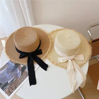 Hairy Edge Straw Hat Female Summer Flat Top Outing Sun Hat with  Ribbon/Bow