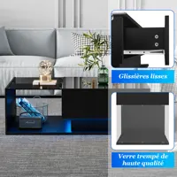 Table basse rectangulaire avec dessus en verre brillant LED et tiroirs, table d'appoint pour salon 4