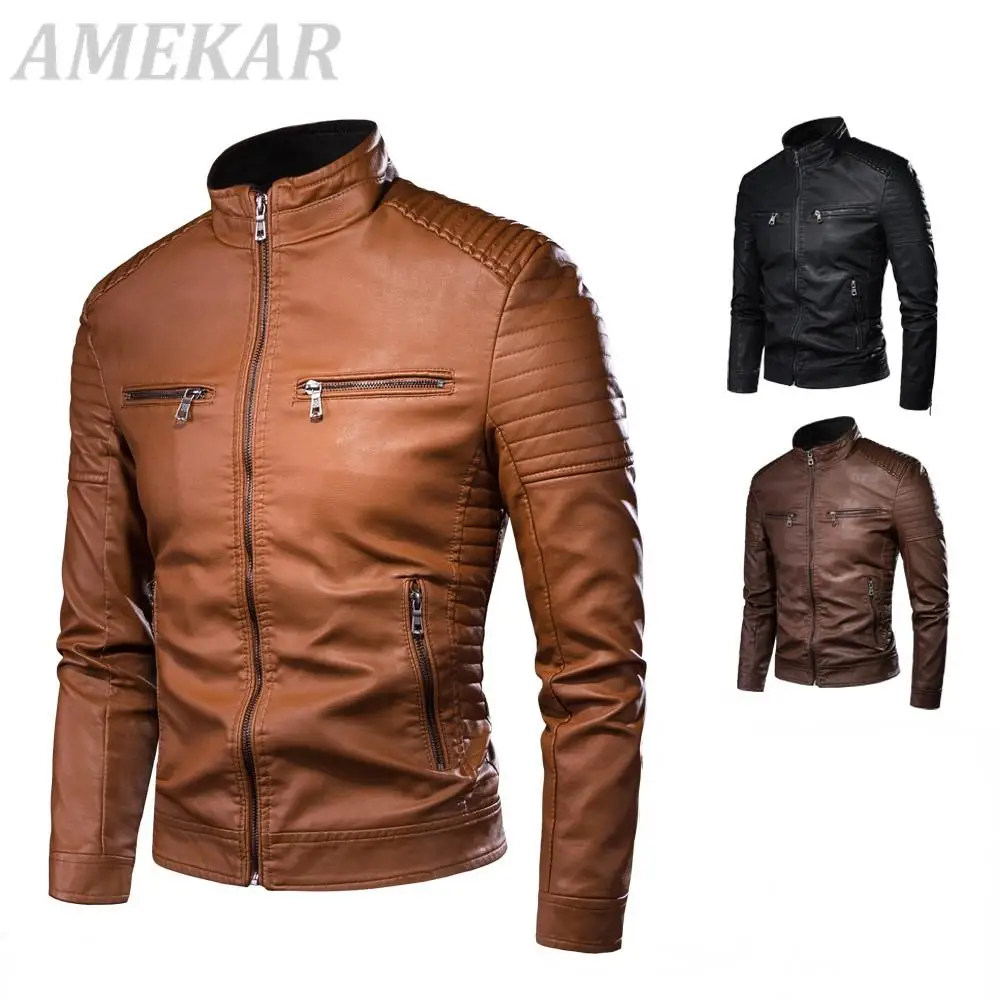 

2022 Men Autumn Brand New Causal Vintage Leather Jacket Coat Men Winter Outfit Design Motor Biker Pocket PU Leather Jacket Men