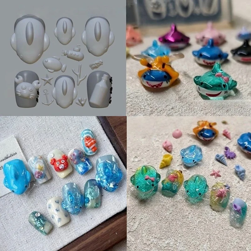 1개 바다 상어 게 3D 실리콘 투명 네일 몰드 여름 불가사리 물고기 DIY 실리콘 매니큐어 네일 아트 장식 몰드