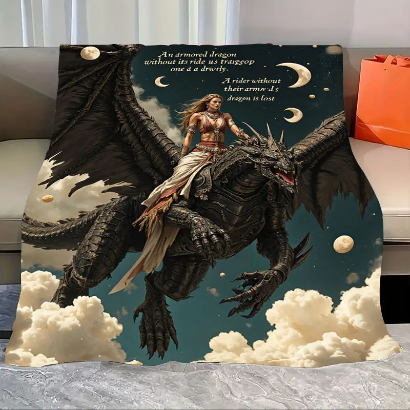 Armored Dragon Rider Flannel Blanket Celestial Adventure