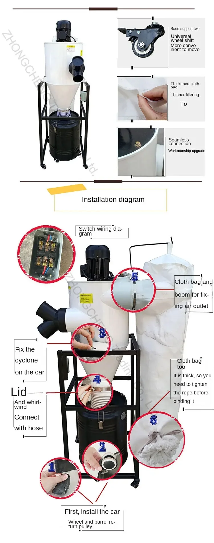 New Electric 750W-2.2KW Industrial Mobile Bag Filter Dust Collector Engraving Ma