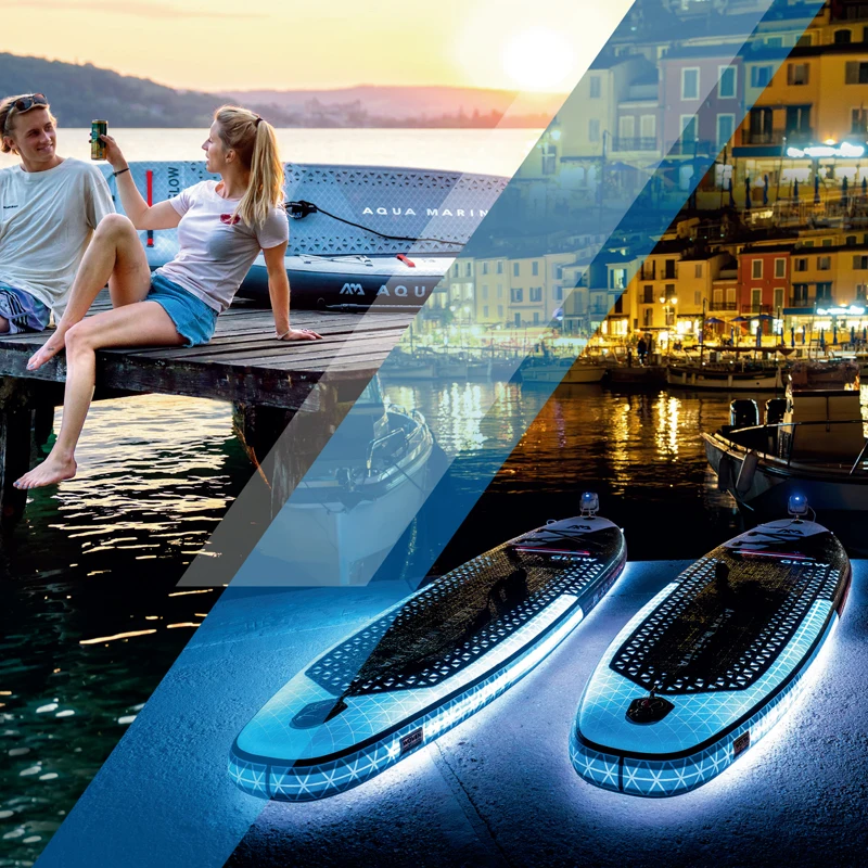 AQUA MARINA GLOW 앰비언트 라이트 시스템 패들 보드 SUP 스탠드 업 패들 서핑 보드 숄더백, 고압 펌프 수상 스포츠