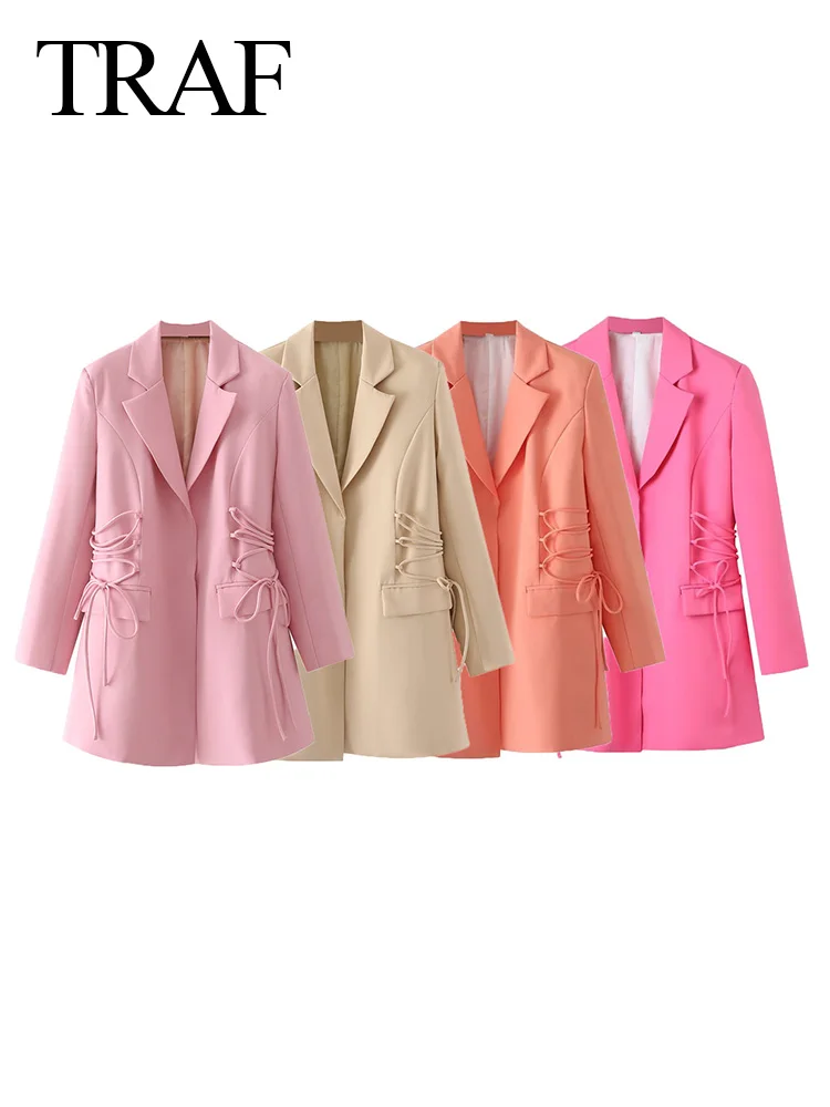 

TRAF Autumn Fashion Women Elegant Blazers Solid With Button Pockets Street Style Coat Female Long Sleeve Lapel Casual Loose Tops