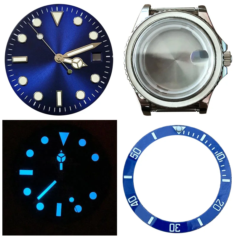 

40mm Stainless Steel Sapphire Glass Watch Case Blue Luminous Dial With Hands Ceramic Bezel Ring Fit For RLX 2836 8215 Movement