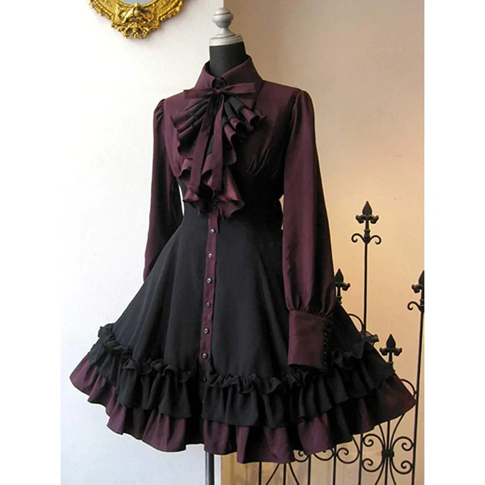 

XS-3XL Medieval Retro Black Lolita Dress for Women Gothic Wine Red Lace Up Bow Vintage Dresses Renaissance Cosplay Costume