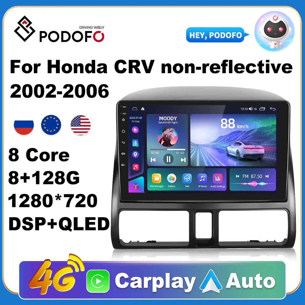

Podofo Car Android CarPlay Radio Multimedia Player For Honda CRV non-reflective 2002-2006 2 Din Autoradio Video GPS Navi 4G WiFi