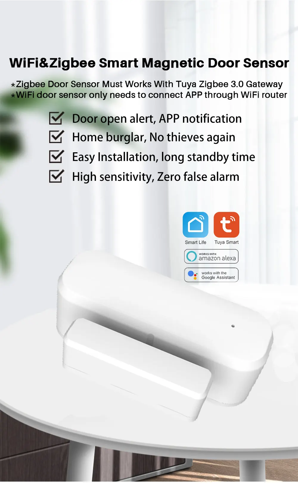 Tuya Smart Door Sensor WiFi/Zigbee Door Window Open Closed Detector Smart Home S