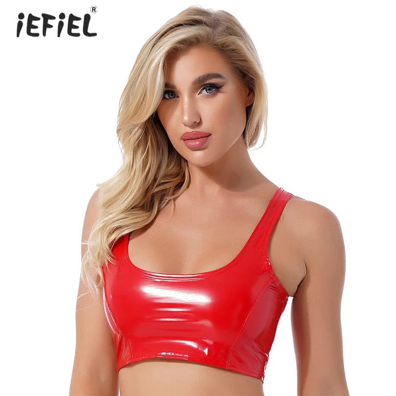

Women Fashion Latex Vest Wet Look Shiny Patent Leather Cropped Tank Tops U Neck Zipper Back Wide Shoulder Straps Vest for Ladies