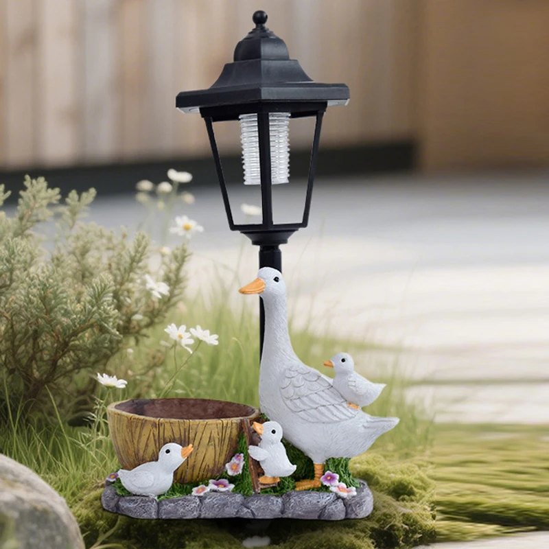 Solar Powered Outdoor Courtyard Lights, Garden Landscape Lawn Lamp, Creative Resin White Duck Statues Flowerpot Decorations, 1Pc