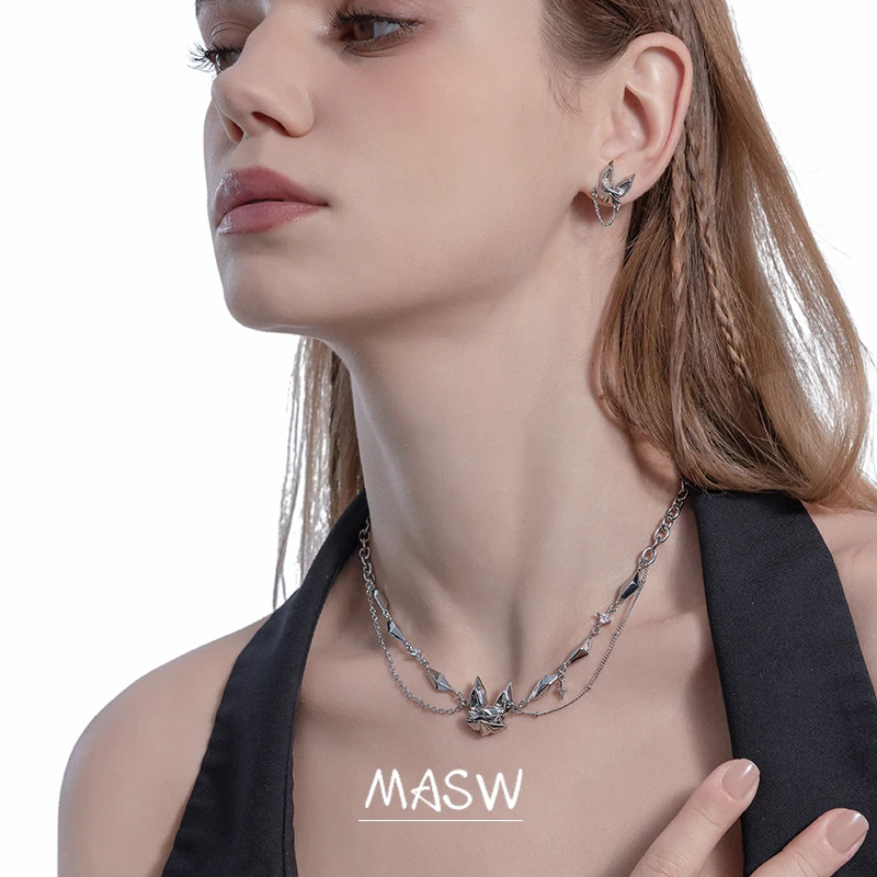 MASW Original Design Cool Trend High Quality Brass Thick Silver Plated Chain Fox Pendant Necklace For Women Jewelry Party Gift