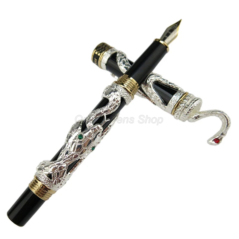 Jinhao Exquisite Snake Fountain Pen Silver & Golden Cobra 3D Pattern Texture Relief Sculpture Technology Writing Ink Pen JF009 jinhao snake vintage fountain pen golden cobra 3d pattern texture relief sculpture technology noble collection gift pen