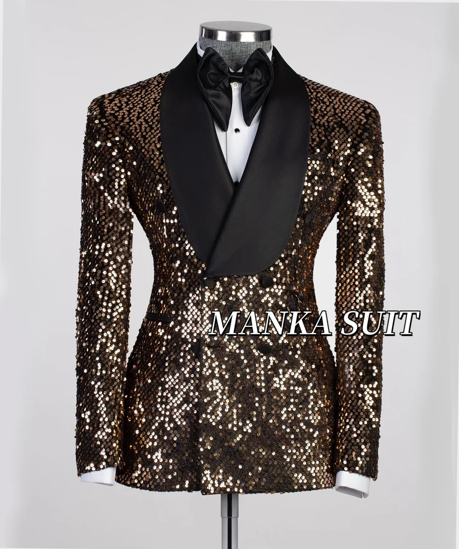 Black Satin Lapel Glitter Men's Blazer Formal Party Men Jacket Double Breasted Tuxedo for Man