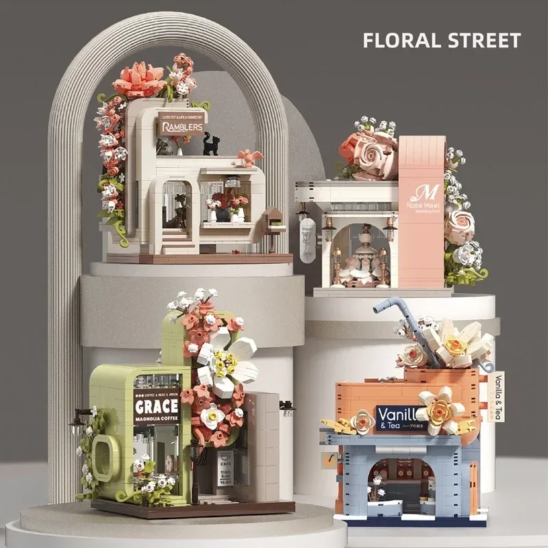 BALODY MOC City Mini Street View Bridal Shop Coffee Store Architecture Building Blocks DIY Micro Bricks Toys For Kids Gifts