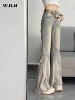 Vintage Casual Trashy Flared Pants Women's Y2K Tassels Full Length Denim Trouser Street Retro Grunge 2000s High Waist Jeans - Image 4