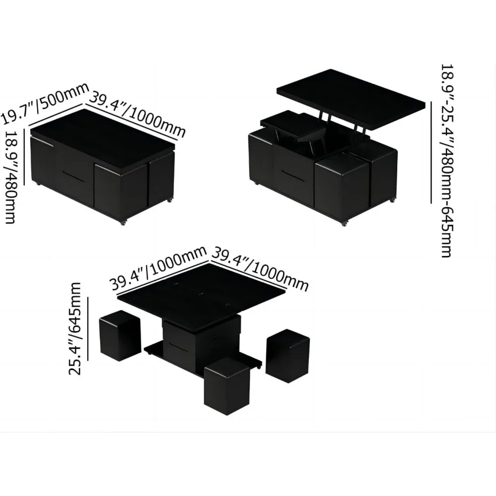 Lift-Top Coffee Table ,with Hidden Storage,with 4 Stools and Lockable Wheels , Multifunctional 3-in-1 Modern Coffee Table 2