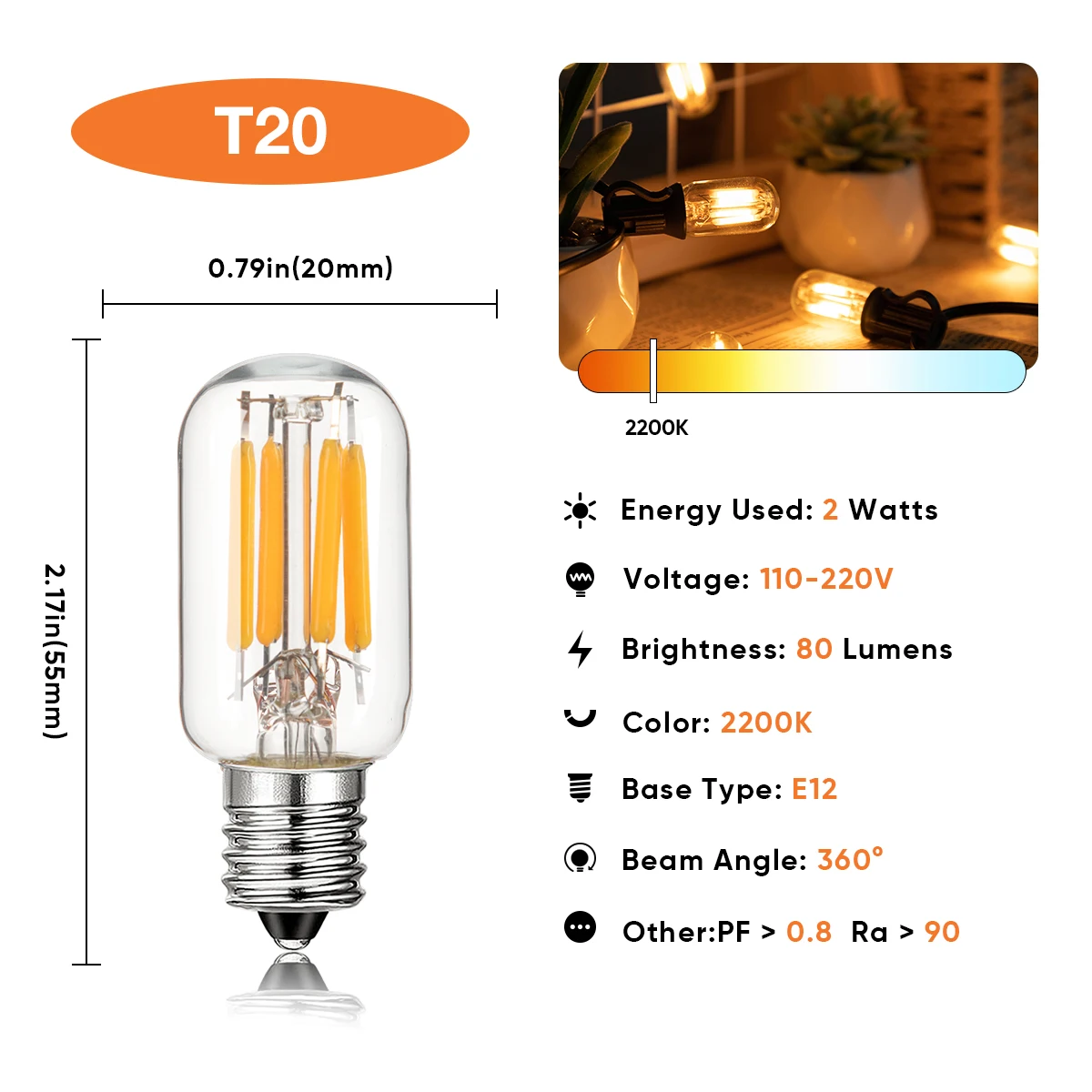 65FT 방수 문자열 빛 IP45 연결 가능한 Led 교체 전구 T20 2W E12 기본 EU 플러그 미국 플러그 야외 정원 갈 랜드 조명