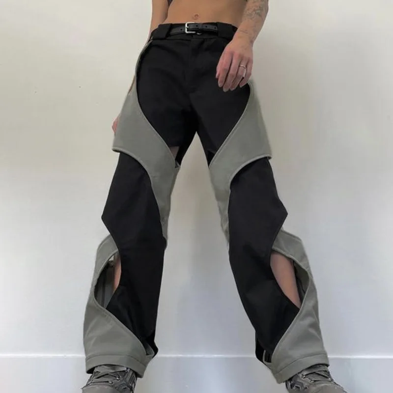 

Fashion Street Sports Style Color Contrast Line Splicing Hollow Design Sense Of Low-Rise Casual Pants Spice Chic With Loose Pant