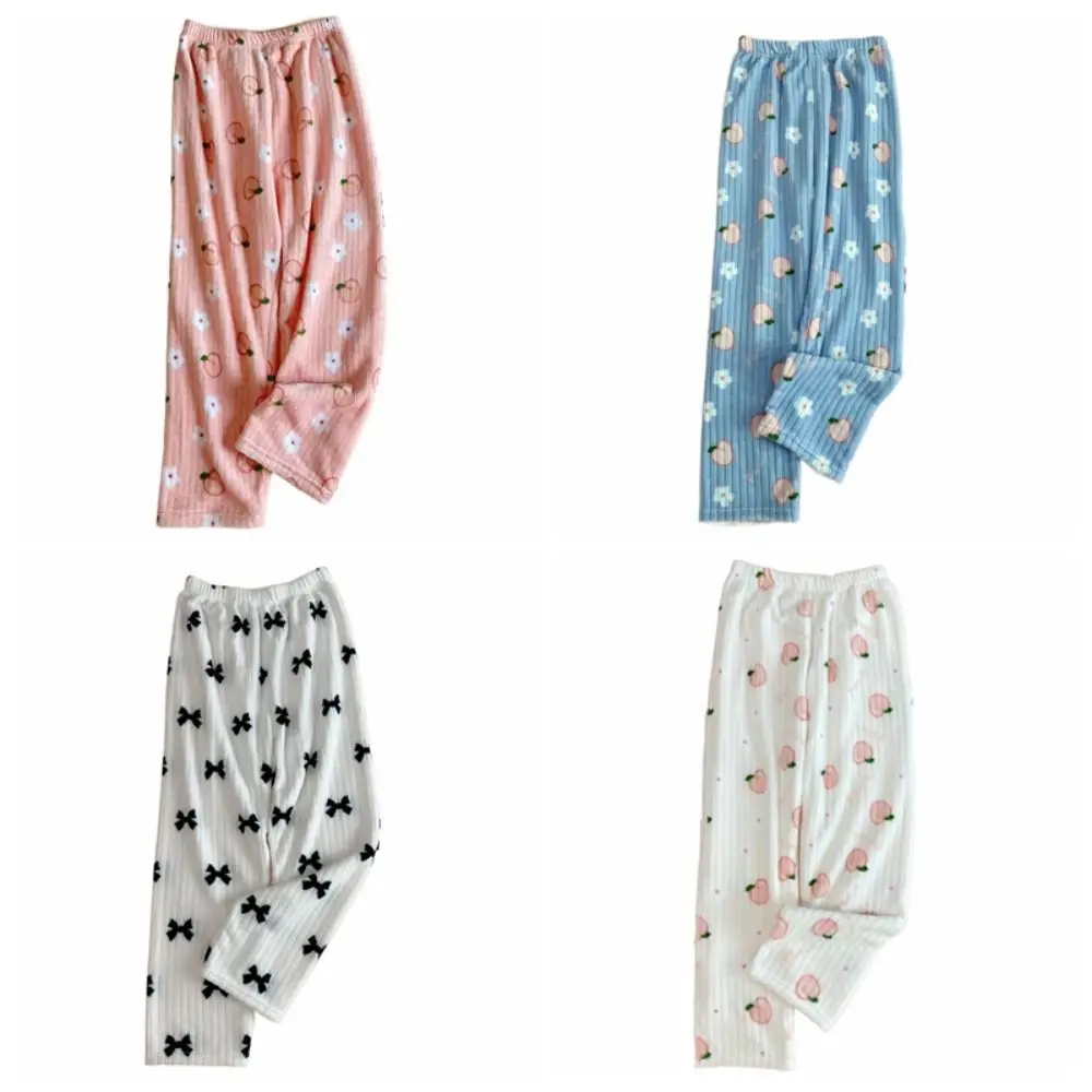 Kawaiii Bowknot Peach Pajama Pants Nightwears Loose Coral Fleece Pants Sweet High Waist Flower Fleece Trousers Daily