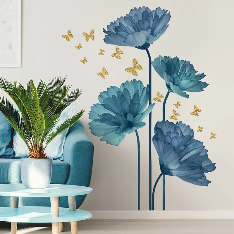 T802# Blue Plant Flower Butterfly Wall Sticker Background Wall Living Room Room Decoration Sticker Self-adhesive