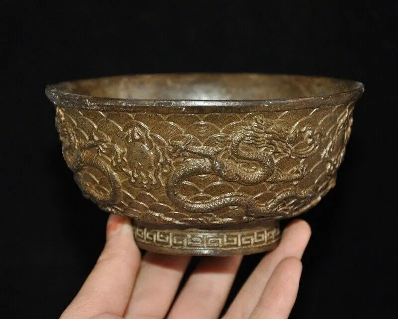 

China bronze Feng Shui wealth animal dragon loong Tea cup Bowl Bowls statue