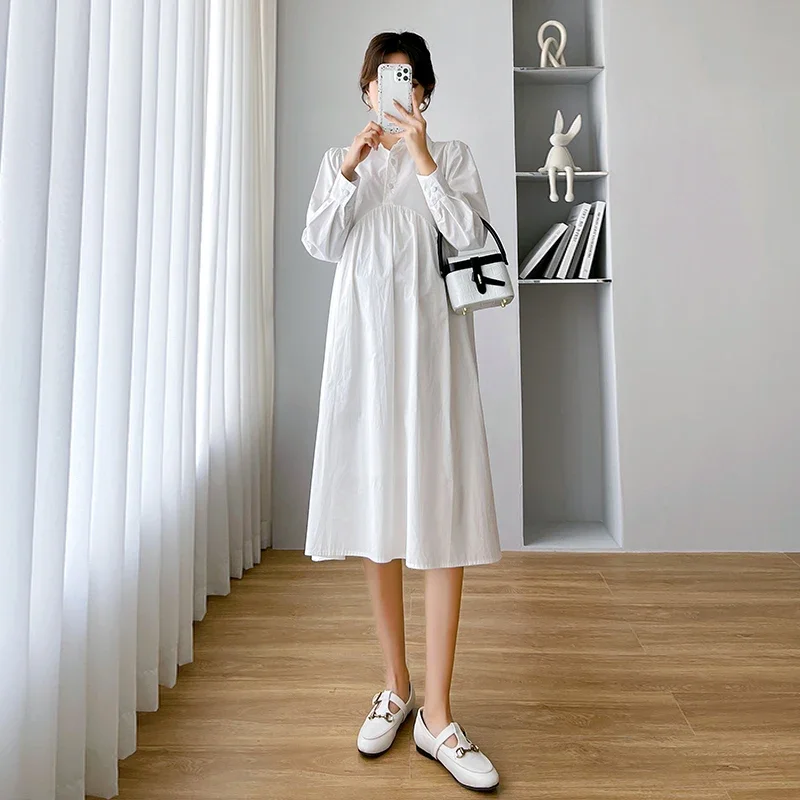 임산부용 코튼 임산부 롱 블라우스, 원피스 우아한 A 라인 느슨한 옷, 임신 의류, 용수철 가을