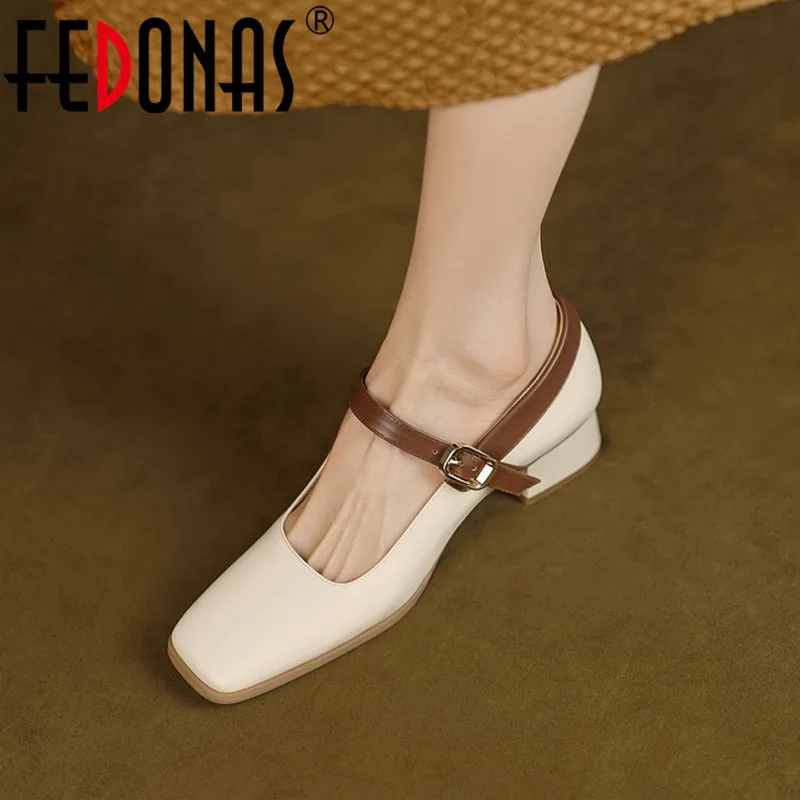 

FEDONAS Mixed Colors Women Pumps Mature Office Shoes Woman Thick Heels Square Toe Buckle Strap Genuine Leather Spring Summer New
