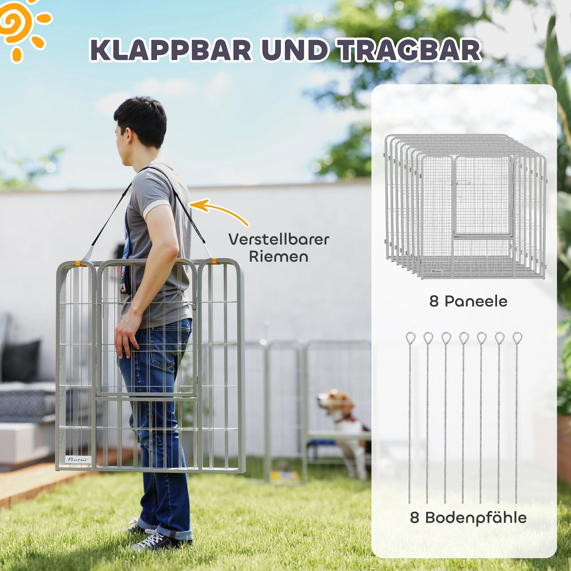 8-teiliger Welpenauslauf, 80 cm hoch, mit Tür und Gurt, aus silbernem Stahl, für kleine bis mittelgroße Hunde, Kaninchen und Meerschweinchen – Detail 6