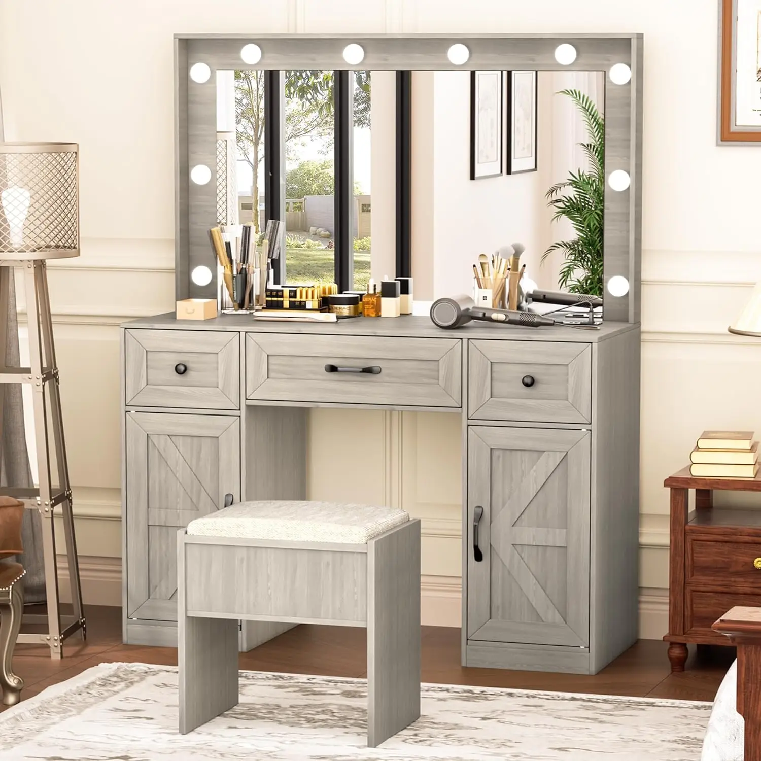 

Greenvelly Makeup Vanity with Lights, Grey Farmhouse Vanity Desk with Lighted Mirror, 3 Lighting Modes, Brightness Adjustable,