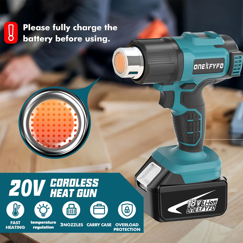 540℃ Electric Heat Gun 3 Nozzles LED Display Cordless Rechargeable Home Industrial Tools For makita 18V Battery