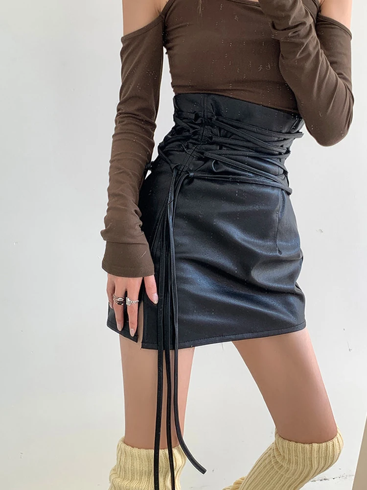 lululemon skirt Hippie Pu Sexy Pencil Skirt Woman Punk Leather Lace Up Party Club Summer 2022 New Fashion High Waist Solid Black Y2k Mini Skirts tutu skirt