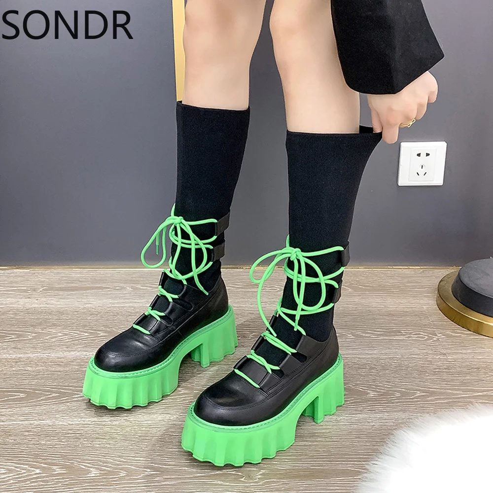 

Womens Round Toe Platform Knee Thigh Boots Lace Up Block High Heel Retro Shoes Girls