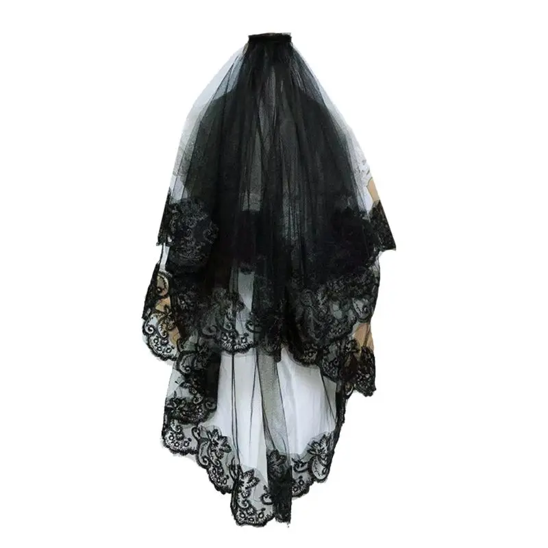 

Two-Layer Women Girl Black Mantilla Wedding Veil Embroidery Floral Lace Trim Halloween Cosplay Costume Sheer Hair Accessories