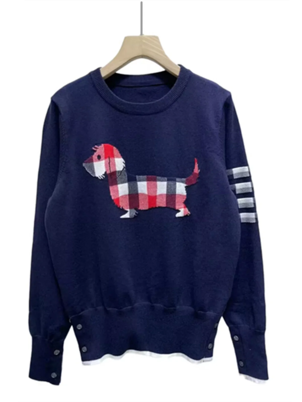 Casual Knitted Sweater Women's Loose Top Korean Sle College Sle Dog Pattern Plaid Four Stripe Overhead Sweater Trendy