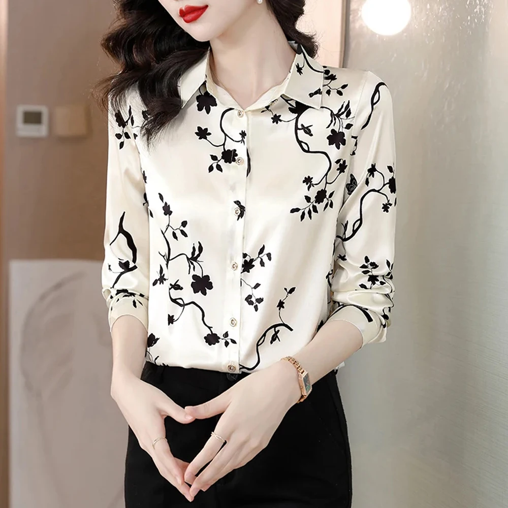 Chic Printed Casual Office Shirts For Women Long Sleeve Silk Satin Fashion Women Blouses 2024 Elegant Female Tops Blusas Mujer