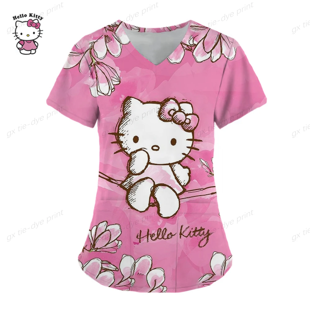 thumbnail image 1 of Camisetas de manga corta para mujer, uniforme de enfermera con estampado de Hello Kitty, cuello en V, bolsillo, para trabajadores de la salud, ropa de trabajo clínica, 1 of 5